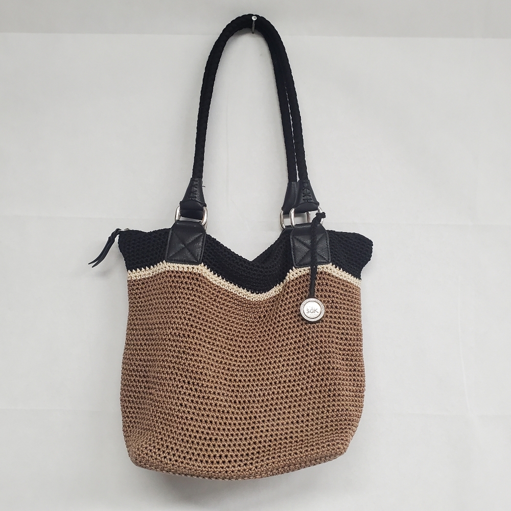 The Sak Cambria Crochet Knit Color Block Tan Off White Black Tote Handbag.